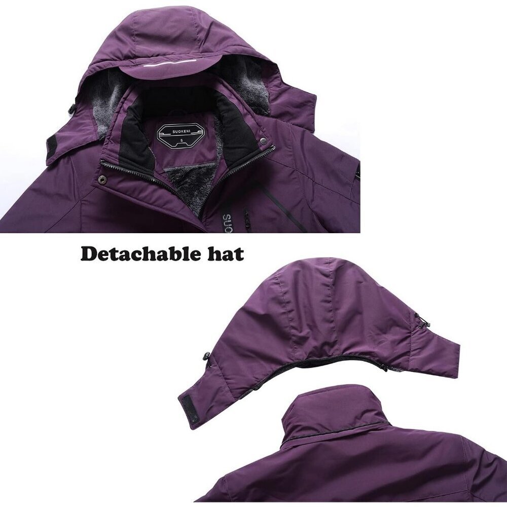 Women's Purple Waterproof Winter Hooded Raincoat Fabric Ski Snow Jacket Coat - Picture 4 of 5